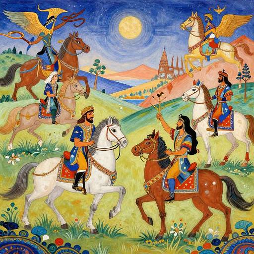 Vibrant illustration of Hindu deities riding horses in a colorful, starry sky with a full moon, temples, and lush green hills.
