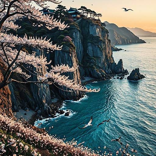 Serene Coastal Cliff with Blooming Plum Trees and Flying Cranes