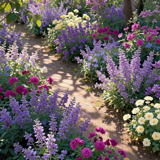 Photograph of a sunny garden path surrounded by vibrant purple, pink, yellow, and white flowers, casting dappled shadows on the dirt path.