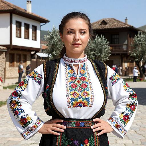 Photograph of a smiling woman in traditional embroidered white blouse and black vest, standing on a cobblestone street in a rustic village with wooden houses and