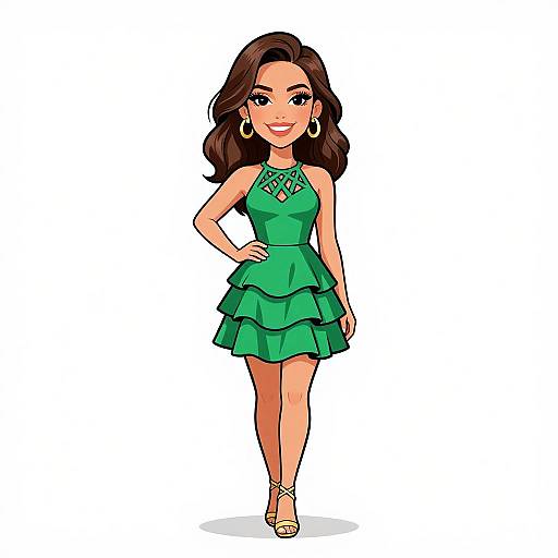 Cartoon-style illustration of a smiling woman with long brown hair, wearing a green, ruffled, sleeveless dress, silver earrings, and strappy
