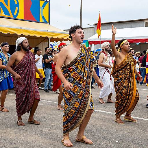 Photograph of three men in colorful, patterned ancient Greek-style kilts and headbands, marching in a vibrant street parade with a crowd and colorful