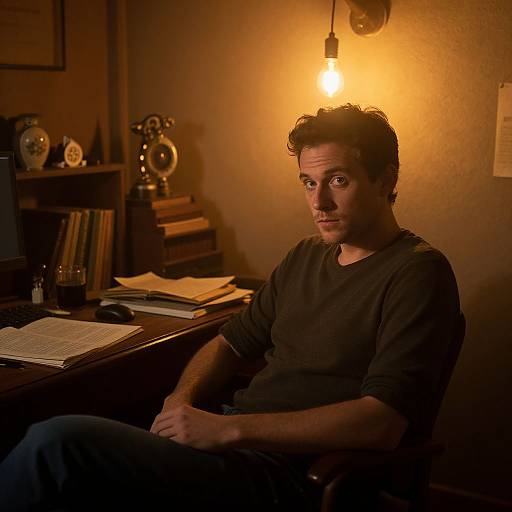 Photograph of a man with short dark hair, wearing a black shirt, sitting in a dimly lit room with warm yellow light, books, and