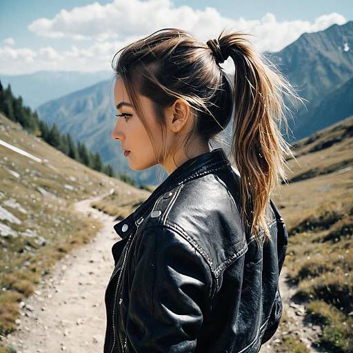 Young Woman with Messy Ponytail on Mountain Trail