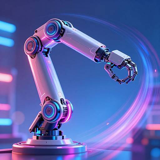 Photorealistic CGI of a glowing, neon-lit robotic arm with a grasping hand, set against a blue and pink circular light background.