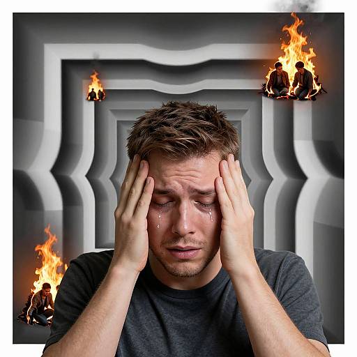 Photograph of a distressed, crying man with short brown hair, hands covering face, against a 3D gray geometric background with four floating, burning