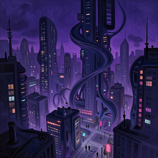 Digital art of a futuristic, purple-lit cityscape with towering buildings, serpentine highways, and glowing neon signs, under a dark, cloudy