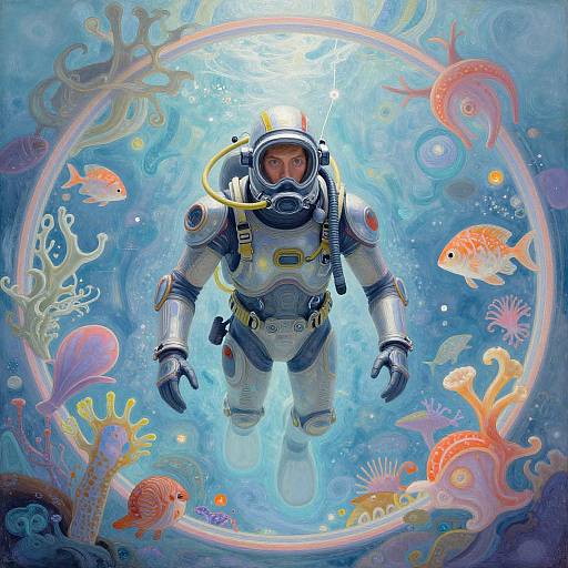 Digital artwork of a male astronaut in a white spacesuit with oxygen tank, surrounded by colorful fish and coral, underwater.