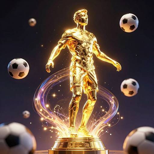Photorealistic digital art of a glowing, golden soccer statue with muscular build, wearing shorts, surrounded by floating soccer balls and radiant light trails.