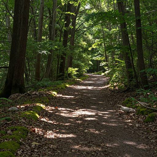 Photograph of a sunlit forest path, dappled with light, surrounded by tall trees, lush green foliage, and moss-covered ground.