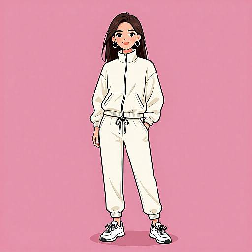 Digital drawing of a smiling Asian woman with long black hair, wearing a white zip-up jacket and pants, white sneakers, against a solid pink background.
