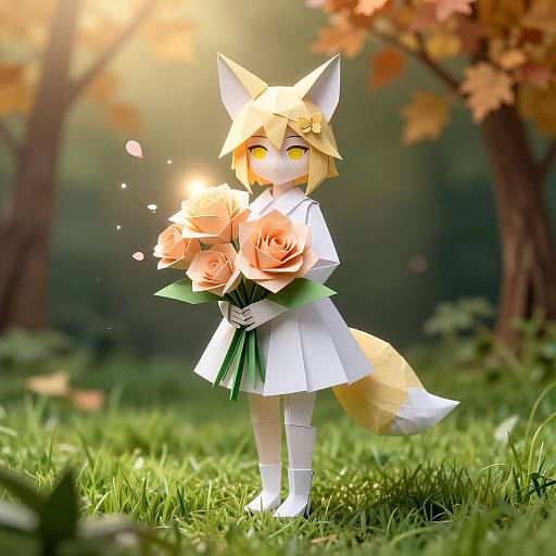 CGI anime-style fox girl with yellow eyes, blonde hair, white dress, and fox ears holding orange roses in a sunny forest.