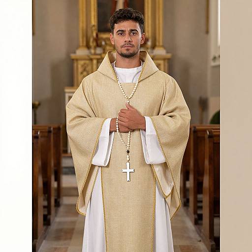 Photograph of a young, dark-haired male priest with a trimmed beard, standing in a church, wearing a cream-colored robe and holding a rosary