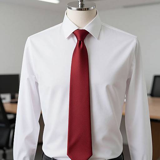 Photograph of a white dress shirt with a red tie on a mannequin in a modern office setting, blurred background.