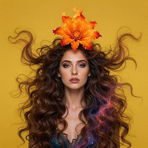 Photograph of a woman with long, wavy, dark brown hair, wearing a vibrant orange flower crown, against a bright yellow background, with subtle