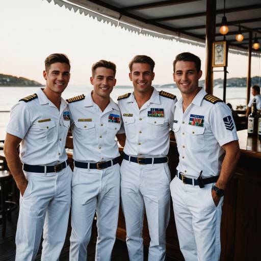 Group of Navy Sailors in White Uniforms at Seaside Bar