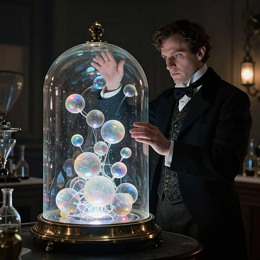 Photograph of a curly-haired man in Victorian attire, gently touching a glowing, iridescent bubble-filled glass dome in a dimly lit room.