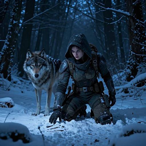 Photograph of a woman in dark, armored winter gear kneeling in snow, with a wolf standing beside her in a blue-lit forest.