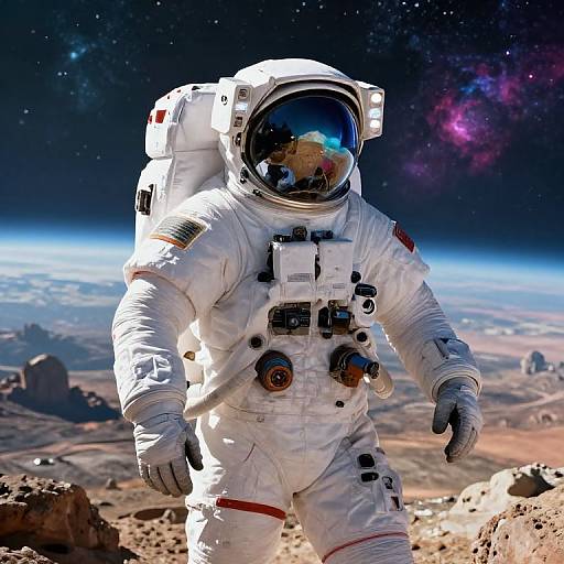 Photorealistic image of an astronaut in a white spacesuit with a reflective helmet, standing on a rocky lunar surface, with a starry galaxy and