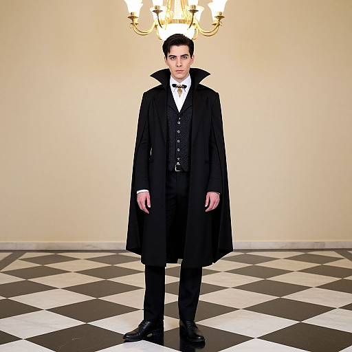 Photograph of a serious-looking man in a black Victorian-style coat, white shirt, black bow tie, and black pants, standing in a checkered