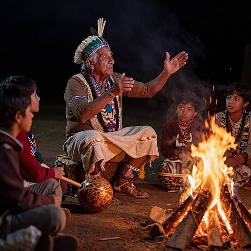 Photograph of elderly Indigenous man with feathered headband, traditional brown and white clothing, speaking to three young people around a campfire at night.