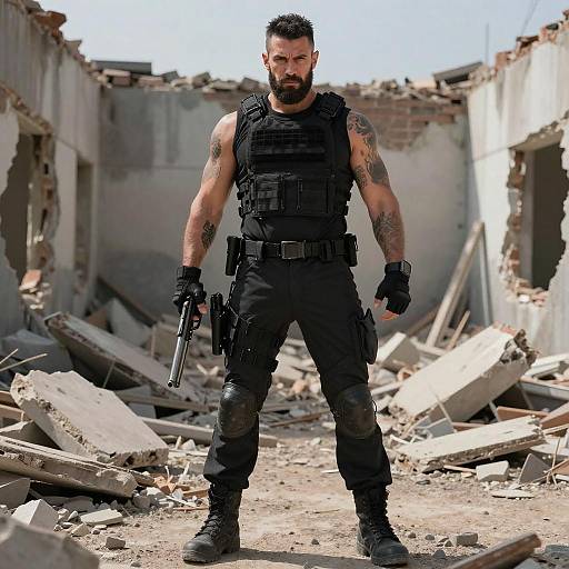 Photograph of a muscular, bearded man with tattoos, wearing black tactical gear, holding a gun, standing in a ruined, debris-filled building.