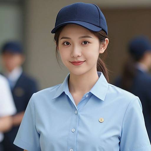 Photograph of an Asian woman in a navy cap and light blue uniform, smiling softly, with blurred background of people.