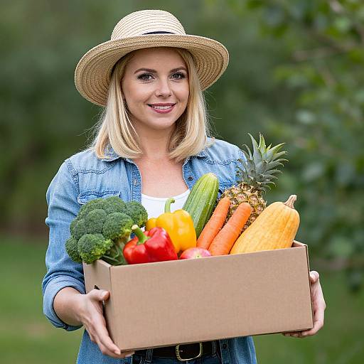 Blonde woman in straw hat, denim shirt, holding cardboard box with fresh vegetables (broccoli, carrots, bell peppers, pineapple, zucchini)
