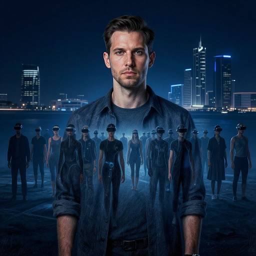 Photograph of a serious, blue-eyed, bearded man in a dark shirt, standing in front of a cityscape at night, with a super