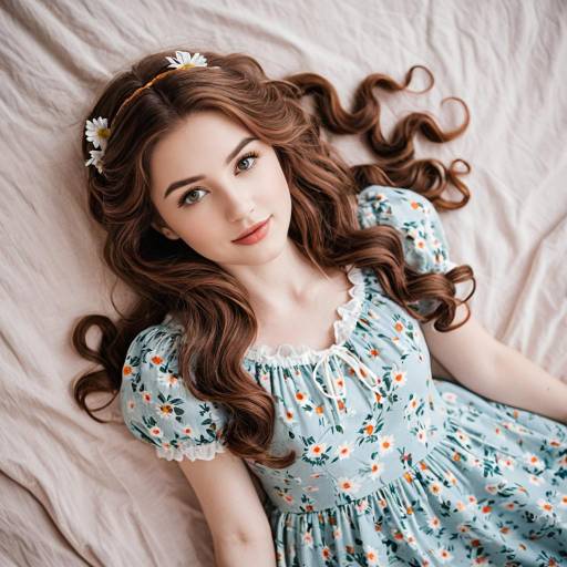 Young Woman in Floral Dress with Wavy Hair
