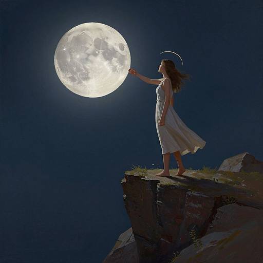 Woman Reaching Moon on Cliff