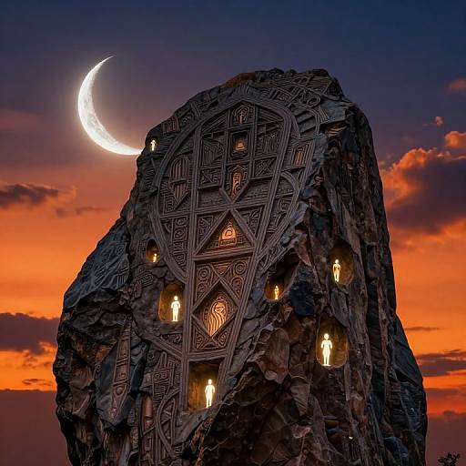 Colossal Carved Rock with Glowing Figures at Sunset