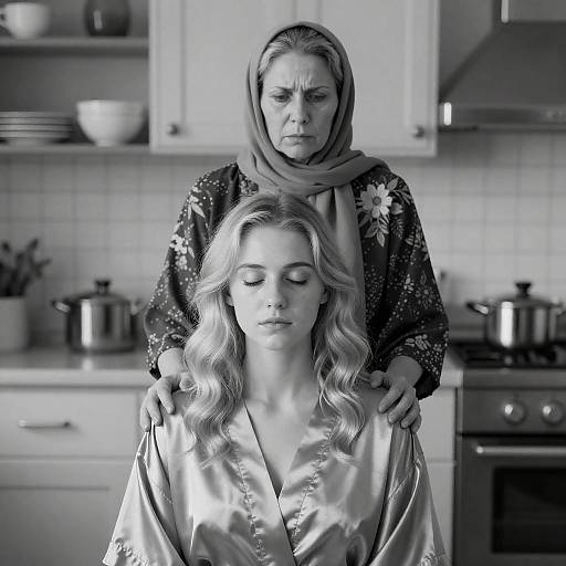 Concerned Middle-Aged Woman with Young Woman in Kitchen