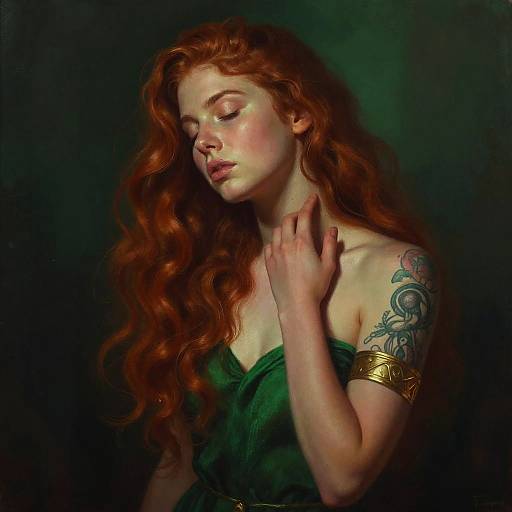 Digital painting of a fair-skinned, red-haired woman with wavy hair, closed eyes, green dress, gold arm band, and tattooed shoulder