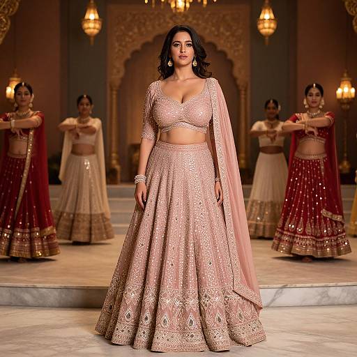 Photograph of a confident Indian woman in a pink, embroidered lehenga and crop top, standing center stage in a dimly lit, ornate room