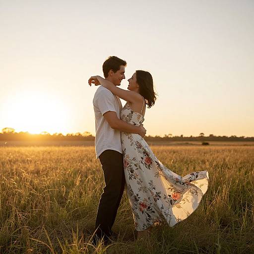Photograph of a couple dancing in a sunlit field at sunset, with the man in a white shirt and black pants, and the woman in a