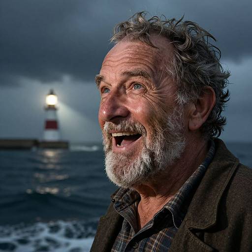 Photograph of a smiling, weathered old man with gray hair and beard, wearing a plaid shirt, standing by a dark, stormy ocean