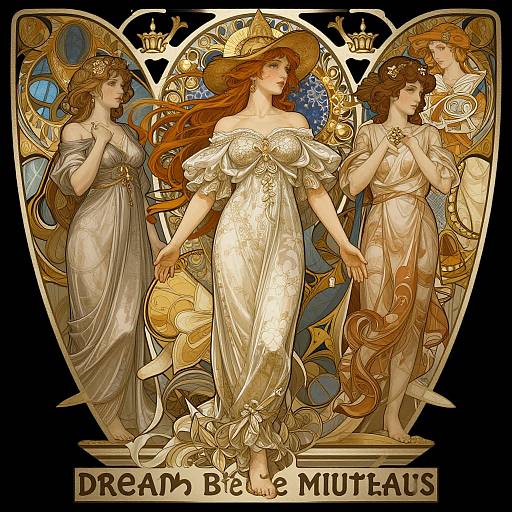 Digital illustration of three ethereal women in flowing, ornate gowns with intricate gold and blue designs, titled 