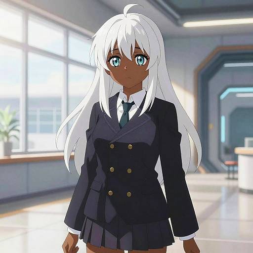 Anime-style digital drawing of a dark-skinned girl with long white hair, blue eyes, wearing a black blazer, white shirt, and green tie