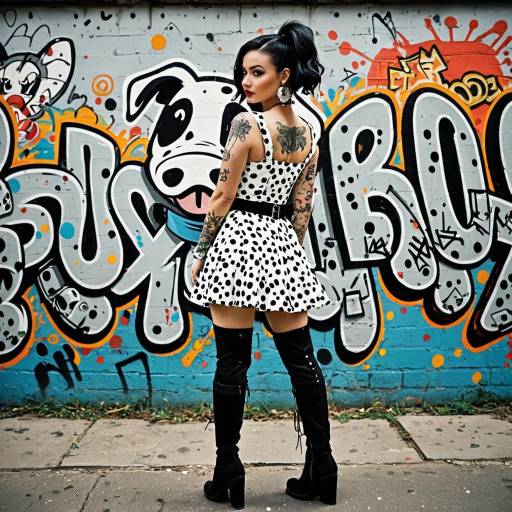 Tattooed woman in polka dot dress and thigh high boots