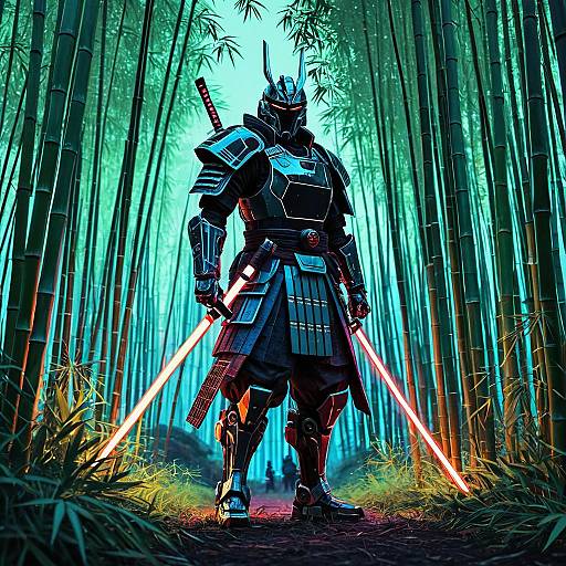 Futuristic Cyborg Samurai in Neon Bamboo Grove
