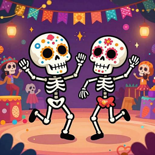 Vibrant digital illustration of two dancing sugar skulls, one with a red bow, in a colorful, festive Halloween-themed stage.