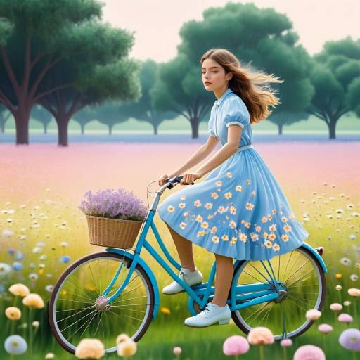 Girl Riding Bicycle Through Flower Field