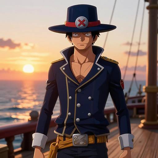 Anime-style digital artwork of a handsome, muscular man in a navy blue pirate-style jacket with gold trim, black hat with 