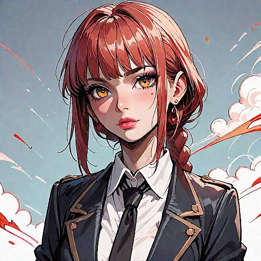 Digital anime-style drawing of a red-haired woman with yellow eyes, wearing a black military-style jacket, white shirt, and black tie, with dynamic,