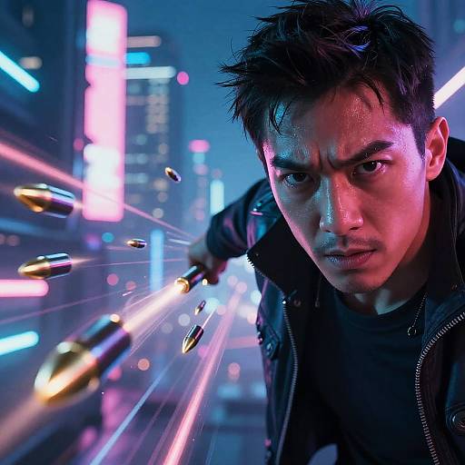 Photorealistic digital artwork of an intense Asian man with spiky hair firing multiple glowing bullets in a neon-lit urban night scene.