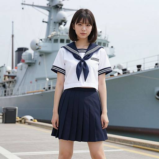 Photograph of an Asian girl in a white sailor uniform with black necktie and pleated skirt, standing in front of a large gray naval ship.