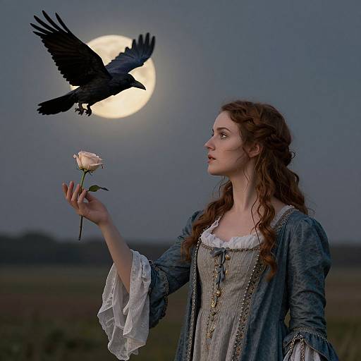 Photograph of a fair-skinned, red-haired woman in medieval dress, offering a white rose to a black crow under a full moon.