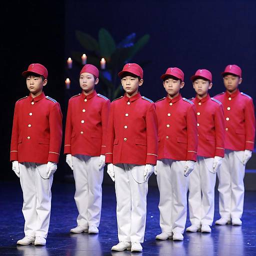 Children in Military-Style Uniforms on Stage