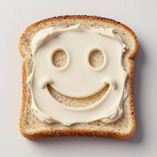 Photograph of toasted bread with creamy white spread, featuring a smiley face with two circular eyes and a curved smile.